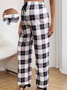 SHEIN Adjustable Waist Plaid Pants For Pregnant Women For Maternity