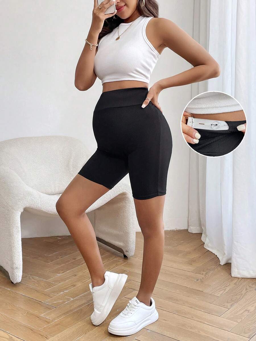 SHEIN 孕婦可調腰短褲 - 黑色 - 查看 1