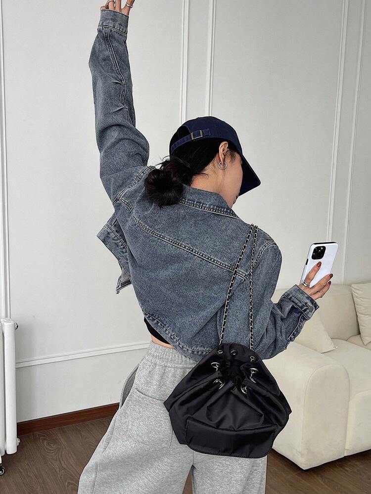 Ladies' Short Length Denim Jacket With Front Zipper