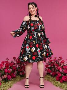 TOM & JERRY X SHEIN Plus Cartoon Graphic Off Shoulder Dress - Black - View 4