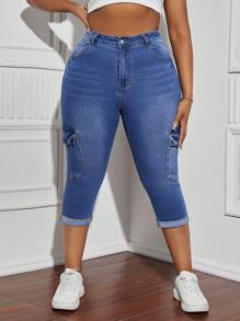 SHEIN SXY Plus Size Women's Elastic Denim Skinny Jeans With Flared Hem And Pockets - Versatile And Slimming