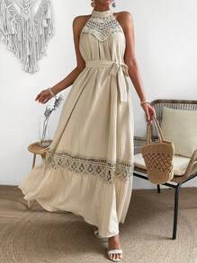 Breezaya Women's Lace Splice Halter Neck Dress Maxi Vacation Beach Outfit