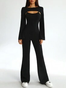 SHEIN EZwear Của phụ nữ Màu thuần Bộ - màu đen - Xem 1