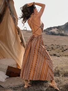 SHEIN X Scot Louie Breezaya Vestido largo con tirantes finos y estampado geométrico sin espalda, conjuntos de vestido para vacaciones y playa para mujer - Marrón - Ver 3