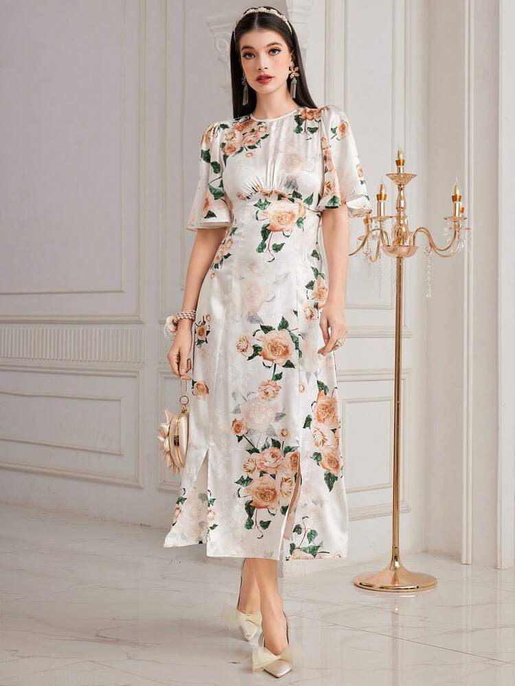 Women's Floral Printed Butterfly Sleeve Dress Long Evening Dresses