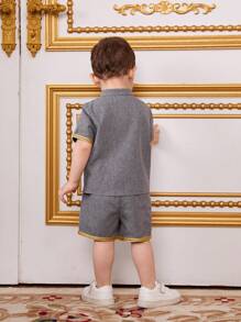 SHEIN Baby Boy Outfit, Short Sleeve Polo Shirt With Button Placket And Decorative Woven Tape Detail On Collar, Casual Shorts Set
