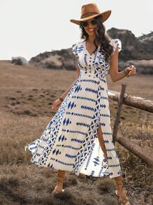 SHEIN Clasi Women's Geometric Printed Short Cap Sleeve A-Line Dress