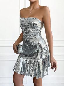 RueChic Women's Sparkly Strapless Dress With Ruffle Hem - Silver - View 1