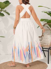 SHEIN VCAY Plus Size Women's Vacation V-Neck Tie Back Waist Open Back Plant Print Dress - Multicolor - View 2