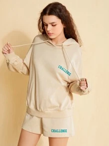 Forever 21 Set Di Felpa Con Cappuccio E Pantaloncini, Stampa Lettera Da Donna Con Cordino