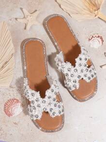 SHUZIA Women's Fashionable Flat Sandals With Rhinestone Decoration
