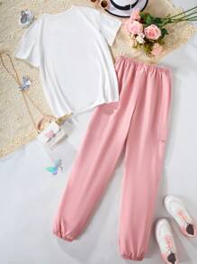 Teen Girls' Cartoon Character Butterfly Printed T-Shirt And Cargo Pants Set - Multicolor - View 3