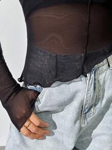 SHEIN Essnce 女士黑色半透明不对称下摆休闲长袖衬衫 - 黑色 - 查看 4