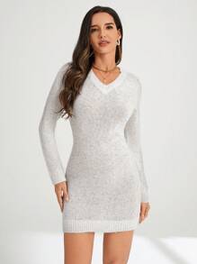 Chiquease 女士長袖修身針織毛衣連衣裙 - 白色 - 查看 3