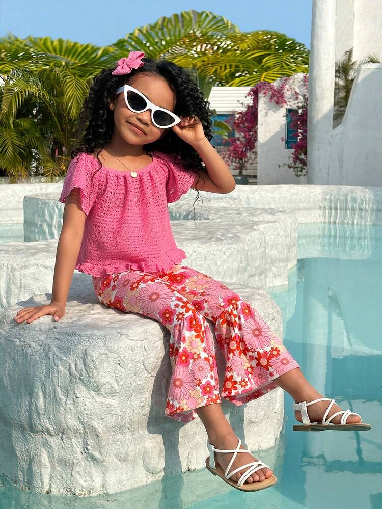 Young Girls' Daily Casual Solid Color Strapless Top And Short-Sleeved Top And Floral Print Bell-Bottoms Set