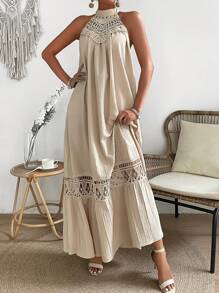 Breezaya Women's Lace Splice Halter Neck Dress Maxi Vacation Beach Outfit