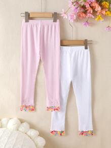 SHEIN Young Girl Cute Casual Knitted Asymmetric Patchwork Colorful Mesh Trim Long Pants 2pcs/Set Tights - Multicolor - View 2
