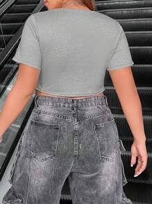 Flirla Camiseta Corta Cruzada De Talla Grande Para Motocicleta Con Estampado De Letras Y Atado