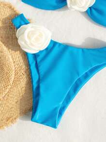 SHEIN Swim Bộ bikini màu khối màu bãi biển mùa hè dành cho nữ với trang trí hoa 3d cho đám cưới - Màu xanh lam - Xem 4