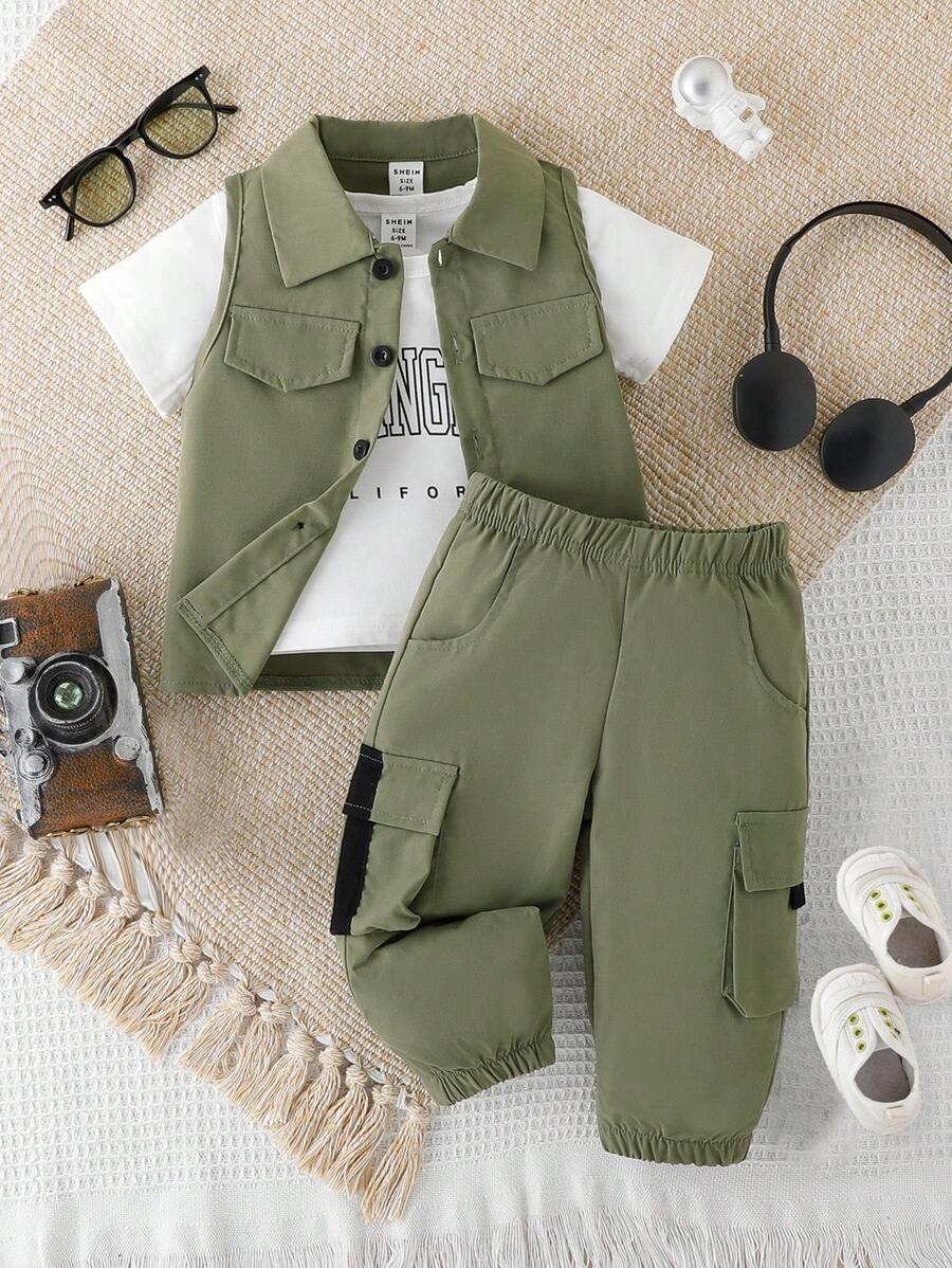 SHEIN Baby Boy Casual Sporty Workwear Three-Piece Set For Summer - Army Green - View 1