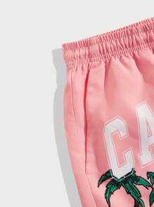 ROMWE MEN Street Life Men's Holiday Palm Tree Printed Shorts, Suitable For Daily Wear In Spring And Summer - Pink - View 3