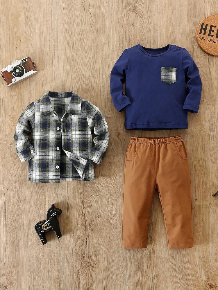 3pcs Baby Girls' Casual Long Sleeve T-shirt, Checkered Shirt, Pocket Pants Outfits
