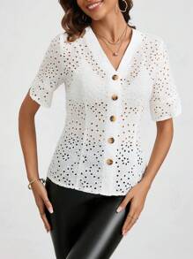 SHEIN Clasi V-Neck Button Up Eyelet Embroidered Blouse - White - View 1