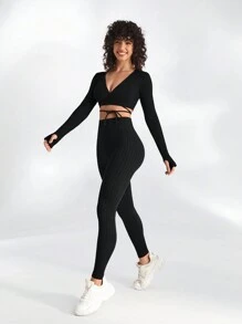 Lifespree Wrap Tie Crop Long Sleeve Top And Leggings Sports Set