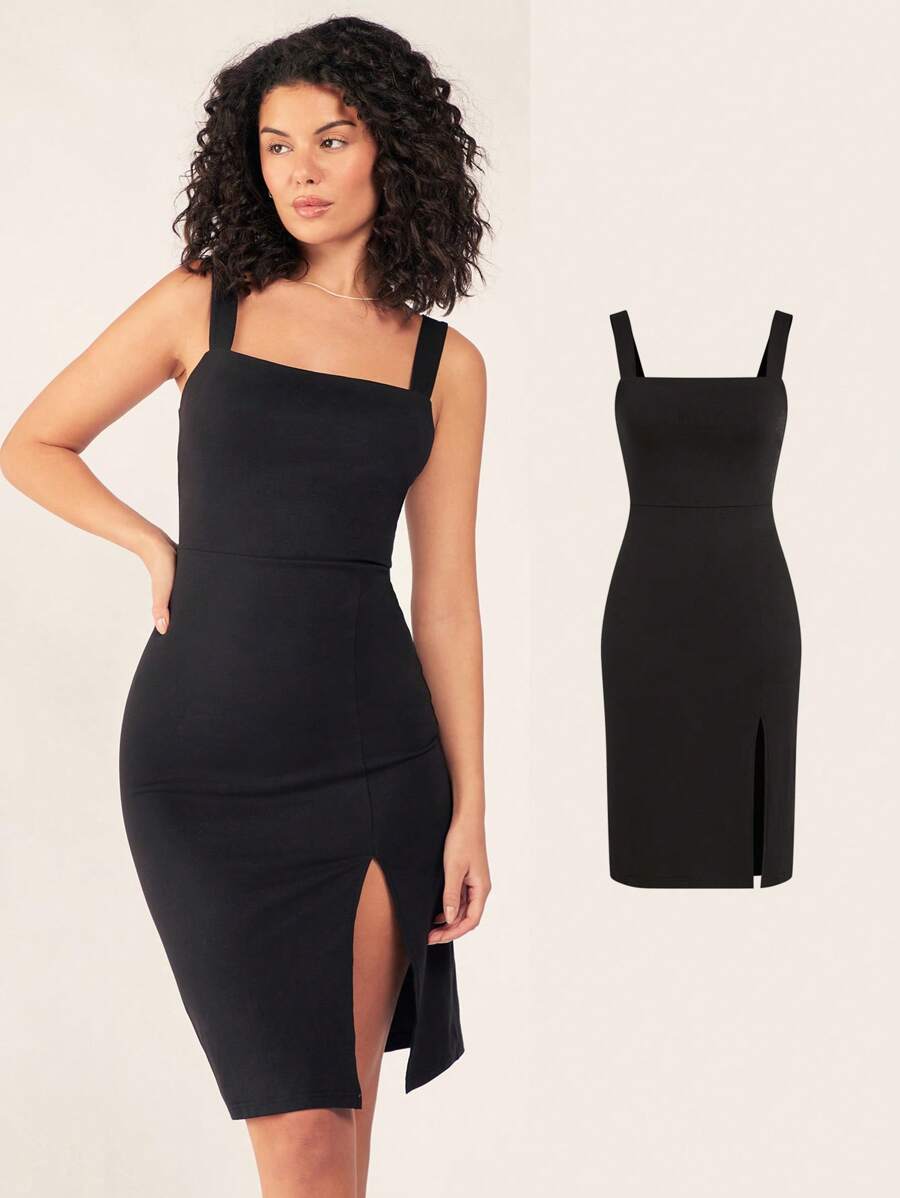 SHEIN BASICS 女士纯色前开衩紧身连衣裙休闲晚宴连衣裙 - 黑色 - 查看 1