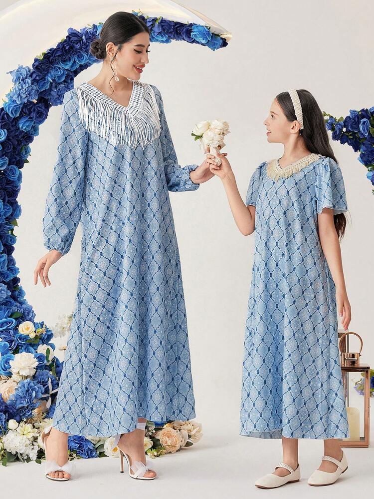 Women's V-Neck Full Pattern Print Long Sleeve Jalabiya Dress