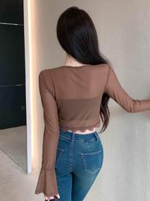 DAZY Của phụ nữ Lưới trong suốt Tay áo dài Quần skinny Áo - màu nâu - Xem 5