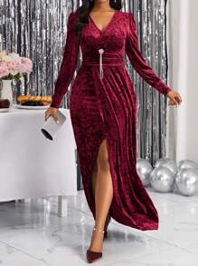 SHEIN Lady Women's Puff Sleeve Front Split Dress - Burgundy - View 3