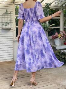 Flirla Plus Size Women's Square Neck Elegant Ombre Dress - Purple - View 2