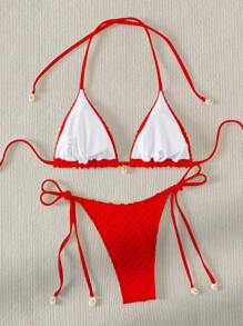 SHEIN Swim 2022 Minimalist Solid Color Bikini Summer - Red - View 2