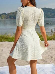 GENKIRA Jacquard Short Sleeve Dress - Yellow - View 2