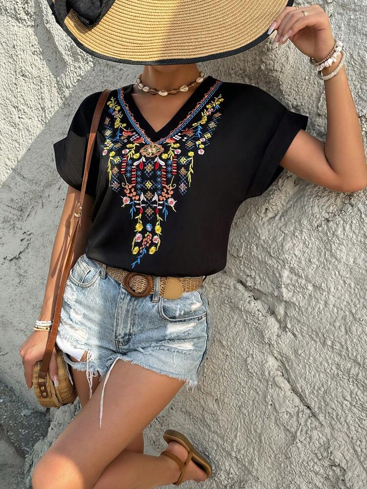 Women's Plant Embroidered V-Neck Blouse