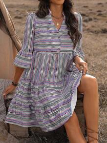 SHEIN Clasi 女士幾何紋印花泡泡袖連身裙 - 彩色 - 查看 6