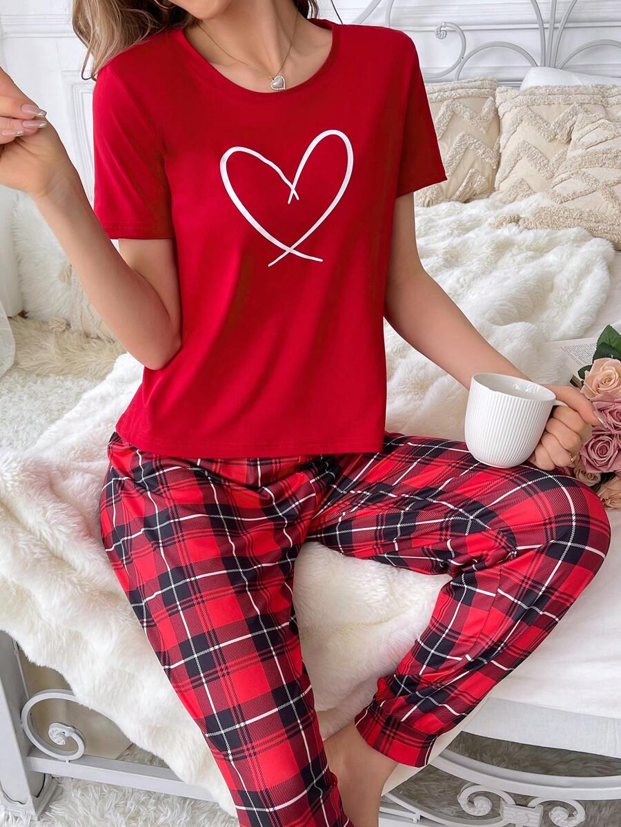 Herz Muster Kurzarm Top und karierte Hose Pyjama Set