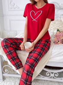 Herz Muster Kurzarm Top und karierte Hose Pyjama Set
