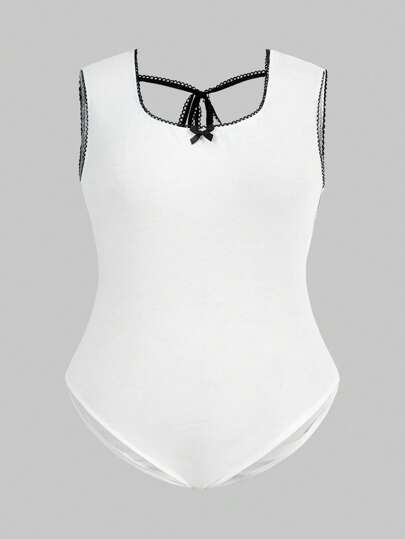 Kawaii Plus Size Color Block Lace Trimmed Lace-Up Bodysuit