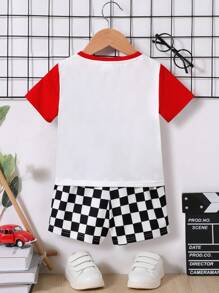 SHEIN Baby Boys' Color Block Racing Car Printed T-Shirt And Checkered Casual Shorts Set - Multicolor - View 2