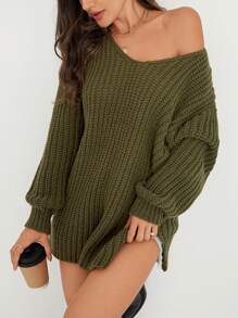 SHEIN LUNE Women's Slit Hem Drop Shoulder Sweater - Army Green - View 1