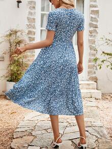 Short Sleeve Round Neck Floral Print Dress With Small Flowers For Spring/Summer - Blue - View 2