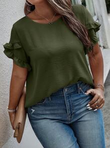 EMERY ROSE Plus Size Round Neck Ruffle Sleeve Blouse - Army Green - View 4