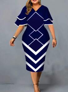 Plus Size V-Neck Ruffle Sleeve Waist Cinched Colorblock Geometric Print Dress Casual Summer Elegant - Blue - View 1