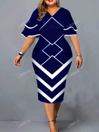 Plus Size V-Neck Empire Waist Geometric Printed Dress With Ruffle Sleeves And Color Block Design