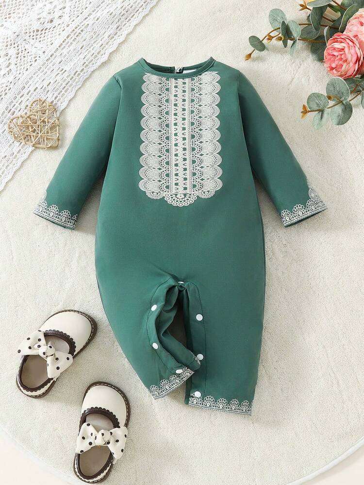 Infant Boys' Floral Printed Long Sleeve Jumpsuit With Round Neck