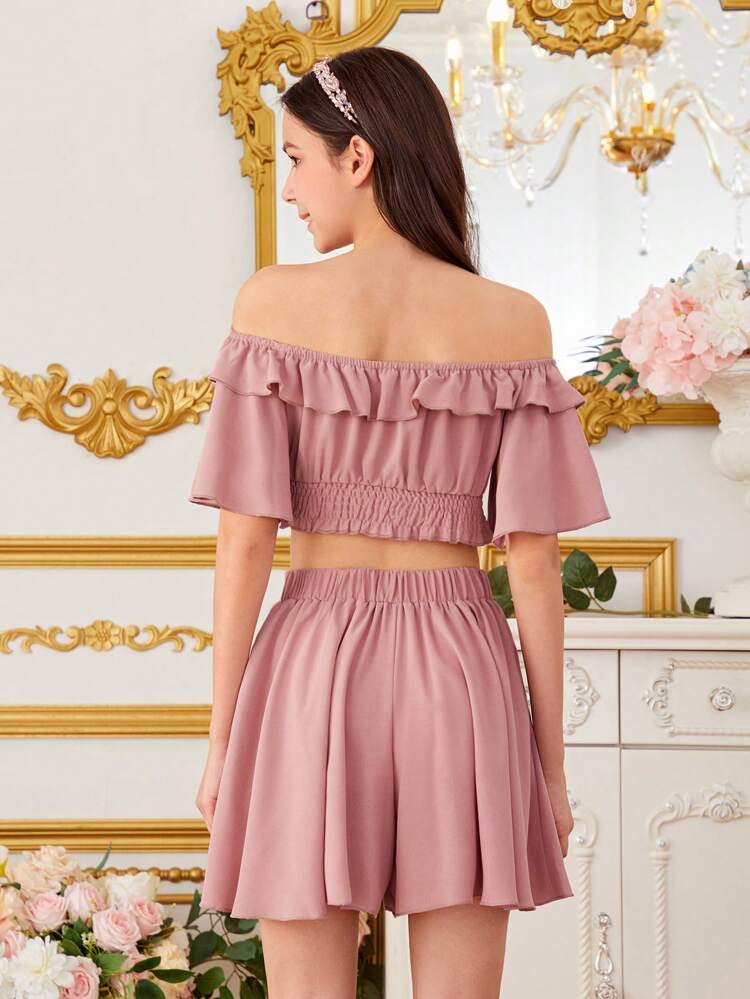 Teen Girls' Solid Off Shoulder Top With Ruffle Trim And Shorts Set