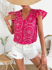 Breezaya Blusa Con Adornos De Encaje Con Bordado Recortado Hueco - Rosa Fucsia - Ver 5