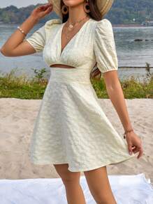 GENKIRA Jacquard Short Sleeve Dress - Yellow - View 3